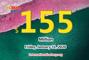2020年1月28日的Mega Million结果；奖金为1.55亿美元。